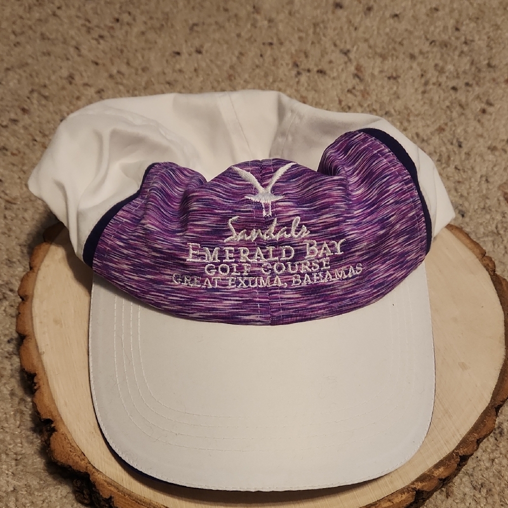 Kate Lord Sandals Emerald Bay Great Exuma Bahamas Purple White Ladies Hat